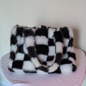 Stylish Black and White Checkered Faux Fur Bag